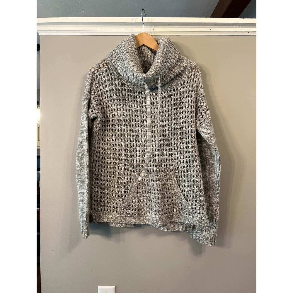 Poof! Womens Gray Open Knit Cowl Neck Sweater Kangaroo Pocket Size Medium
